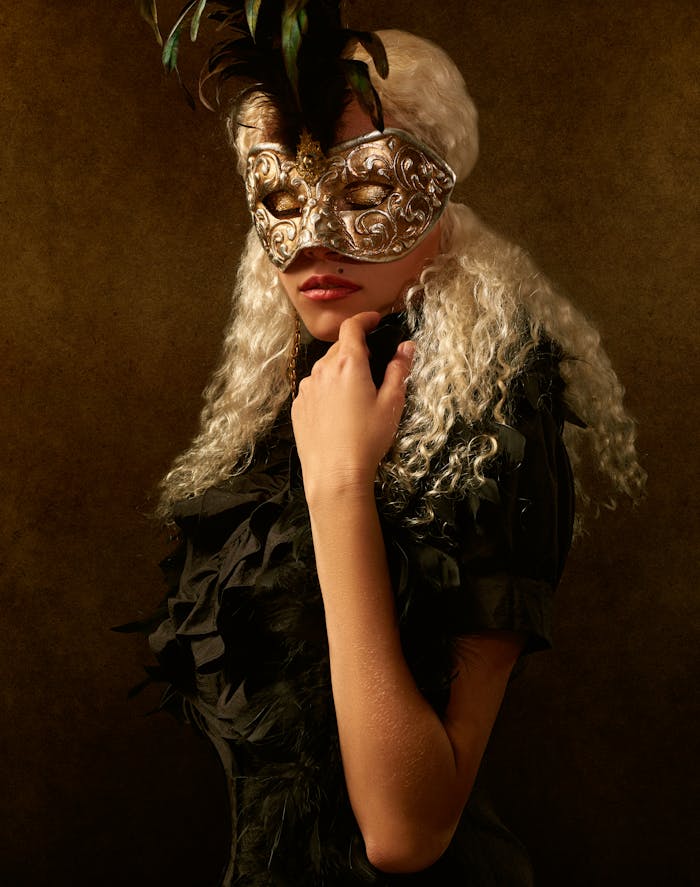 A mysterious woman in a chic masquerade costume with an ornate mask.